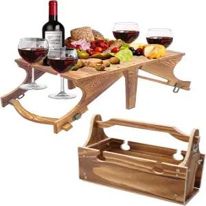 지유피 2 in 1 접이식 나무 피크닉 바구니 테이블 야외 휴대용 빈티지 유리 홀더 과일 스낵 트레이 포함