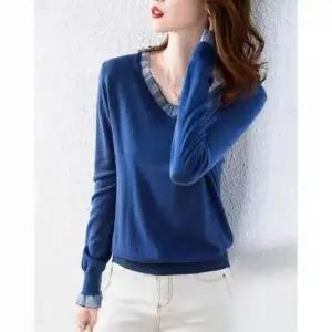 F0713 2컬러 소매 넥 프릴 V넥 니트티 스웨터 V넥티