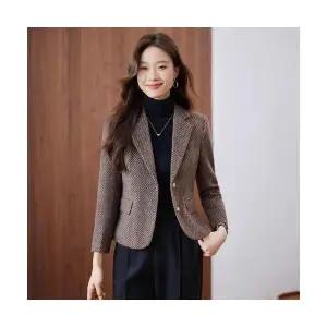 여성 자켓 코튼 울 정장 코트 가을 겨 상의 쇼트 그레이 스트라이프 모직 스몰 OP4