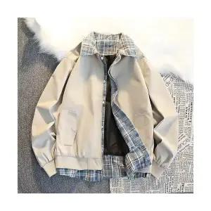 키체샵 남성 바람막이 점퍼 가짜 투피스 체크 재킷 코트 봄 빈티지 캐주얼 커플 상의 HO1