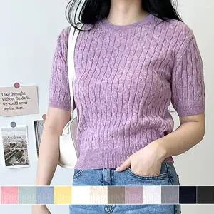 여자 데일리 꽈배기 캐시울 크롭 반팔 니트 티셔츠 (KYR-WFFN0T0)