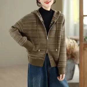 여자 후드 가디건 스트라이프 니트 카디건 가을 겨울 빈티지 더블 집업 스웨터 원픽4