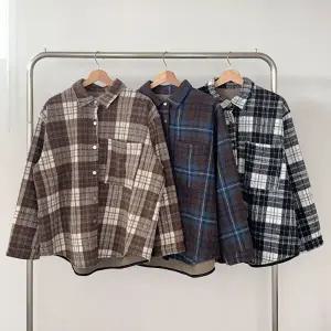 [다잇템] 여성 아방핏 언발란스 라이닝 격자 양털 힙커버 빅 셔츠