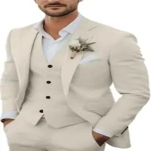 남성용 3피스 린넨 정장 캐주얼 경량 블 재킷 베스트 팬츠 웨딩 비즈니스 프롬 세트