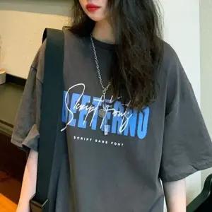 여성 레터링 여름 여자 루즈핏 반팔 티 셔츠 진그레이