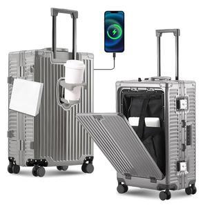 모든 알루미늄 기내 반입 수하물 항공사 승인, 컵 홀더 및 USB 충전기 포함 20인치 하드쉘 스피너 수하물, TSA 잠금장치, 여성용 프론트 포켓 내구성 여행 가방-그레이, 22x14x9