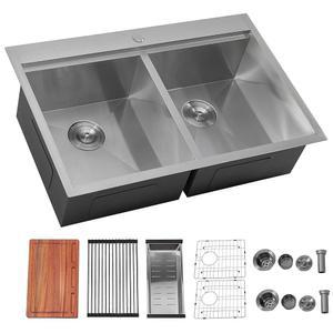 이케바나 33x22 인치 16 게이지 스테인리스 스틸 브러시드 니켈 더블 볼 드롭 - 주방 싱크대, 액세서리가 있는 워크스테이션 싱크대에서