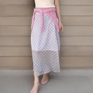 여성 체크 시스루 롱 스커트 밴딩 디자인