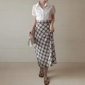 여성 클래식 면 뒷밴드 체크 롱 스커트