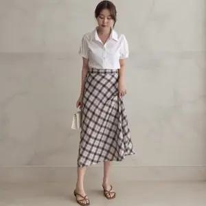 여성 면 체크무늬 A라인 뒷밴딩 롱치마