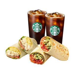 [스타벅스] [같이 챙겨 먹어요]아이스 카페 아메리카노T 2잔+치킨 베이컨 랩+바질 치킨 토마토 브리또