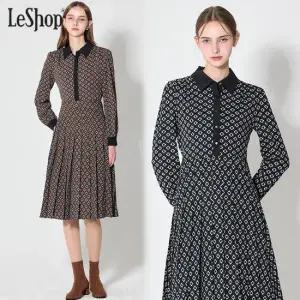 르샵 배색카라 플리츠 프린트 원피스