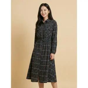 [꼼빠니아]체크 허리끈 롱 셔츠 원피스-CW23OP2302009A