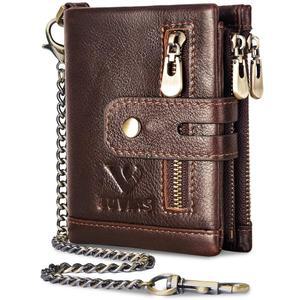 [미국배송] 체인 정품 가죽 ID 창 지갑과 RFID 차단 이중 지퍼 코인 포켓이 있는 V LUVIAS 방지 남성 지갑