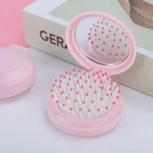 휴대용 미니 마카롱 손거울 머리빗세트 헤어 브러쉬 핑크 (WFKAH8O)