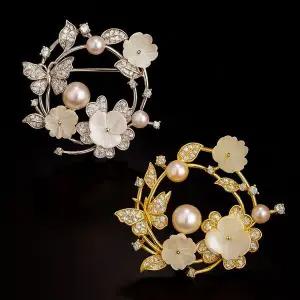 [하프클럽/]브로치 꽃 진주 꽃다발 원형 지르코니아