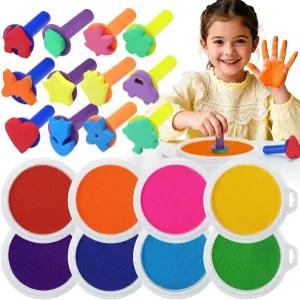 용 워셔블 핑거 페인트 세트 - 8가지 색상의 안전 잉크 패드와 12가지 스타일의 스펀지 브러시 공예 미술