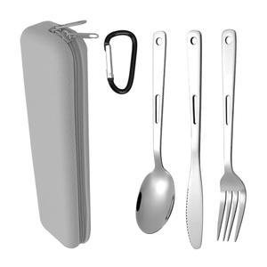 실리콘 케이스가 포함된 여행 도구 세트, 직장 점심 캠핑 피크닉용 스테인리스 스틸 실버웨어 이동 중 휴대용 식기 청소하기 쉬운 (회색)