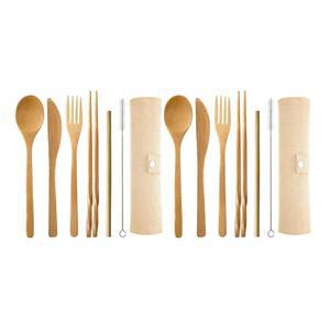 온원 2세트 대나무 여행용 수저 포함 재사용 가능한 나이프 포크 숟가락 젓가락 빨대 식기 캠핑 플랫웨어 세트 피크닉 사무실 및 학교 급식용