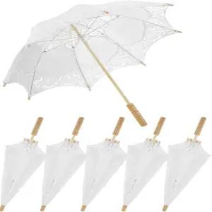 6피스 레이스 파라솔 우산 - 신부 들러리 플라워 우먼(화이트)을 위한 손잡이가 있는 빈티지 웨딩