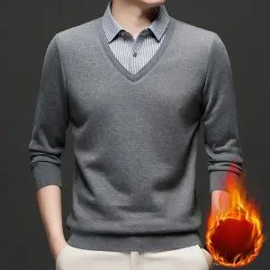 남성 기모 레이어드 셔츠 니트 카라 티셔츠 겨울 플리스 스웨터
