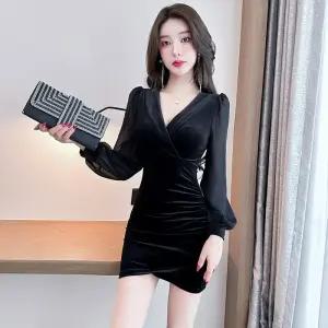 JSRLYQ093 빅 사이즈 브이넥 섹시홀복 파티복 댄스복 클럽의상 프릴 겨울 벨벳 셔링 랩원피스