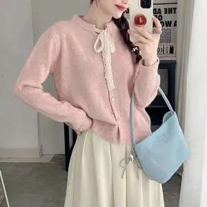 청순 레이스 스트링 리본 타이 여성 긴팔니트 (KYR-WFG3ZDW)