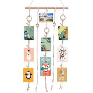 QXUJI 매달린 사진 디스플레이, 마크라메 벽걸이 홀더, 벽 장식용 보호 픽처스 정리함, 30개의 우드 클립, 소박한 시골 장식용, 가정, 사무실, 보육실