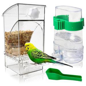 하밀레이 노 메스 버드 피더 물 디스펜서 세트 자동 잉꼬 케이지 피더와 퍼치 투명 아크릴 용기 앵무새 케이지 액세서리로 카나리아 버디 러브버드 핀치를 위한 제품입니다