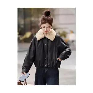 무천도사 여성 여친 자켓 가죽 가을 겨울 기모 도톰 슬림핏 캐주얼 보온 퍼 칼라 코트 KKE4