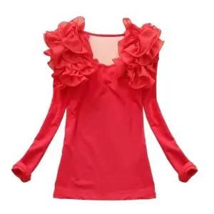 라인 여성 셔링 상의 댄스복 반팔 옷 긴소매 레드 S