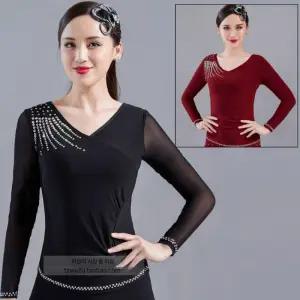 여성 슬림 화려한 댄스복 라틴댄스 라인 시스루 반짝이 상의