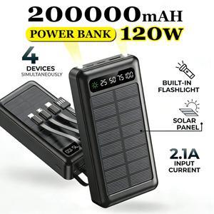 200000 mAh 태양광 보조베터리 초고속 충전 초대용량 USB 유형 C LED 조명 Xiaomi iPhone 15용 4 in1 야외