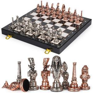 [미국배송] 여행용 접이식 마블링 15인치 체스판이 있는 성인용 대형 이집트 금속 체스 세트 - 무게가 조각 수집가 가족 빈티지 보드 게임용 고급