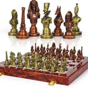 대형 이집트 메탈 체스 세트 - 무게감 있는 앤티크 조각이 15인치 접이식 나무 보드 수집가를 위한 빈티지