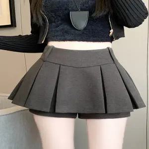 스커트 겨울 보온 치마 회색 울 A라인 플리츠 미니 소형 여성 여자 가을 반투명 캐주얼 정장 반길이
