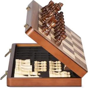 엘롱디 15인치 나무 체스 세트 마그네틱 피스 - 엑스트라 퀸즈 접이식 체스판 휴대용 여행 토너먼트 게임