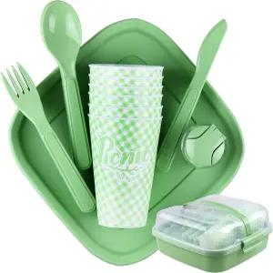 트리벨로 캠핑 피크닉 접시 세트 케이스 포함 32개의 플라스틱 재사용 가능한 식기 BPA 프리 전자레인지