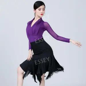 라틴 연습복 라인댄스복 술 댄스 정장 스커트 치마 차차 긴팔