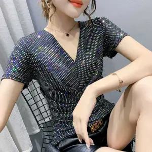 여성 스팽글 반팔 댄스복 셔츠 샤인 반짝이 스윙 상의 라인 라틴 살사 댄스 상의