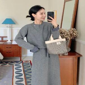 울 체크 레이어드 니트 스커트 세트 (one color)