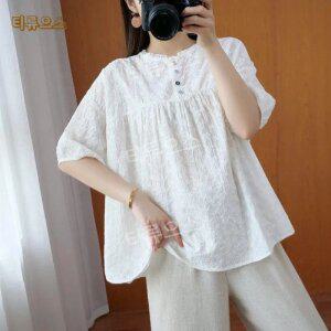 자수펀칭 레이스 퍼프소매 롱 7부 블라우스 티류으스