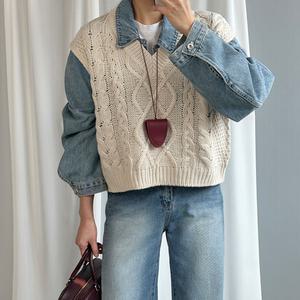 여자 브이넥 꽈배기 크롭니트조끼 케이블 봄 오버핏조끼