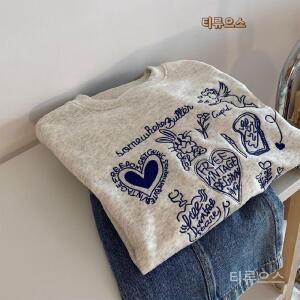 캐주얼 자수 라운드넥 긴팔 맨투맨 티셔츠 여자 가을 겨울 라이트 그레이 티류으스