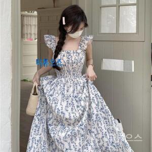 롱 플라워 원피스 블루 나시 스퀘어넥원피스 티류으스