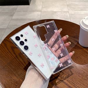 최신 귀여운 갤럭시 케이스 투명 핑크 리본 패턴 레진 / 핸드폰케이스 S25 S24 S23 울