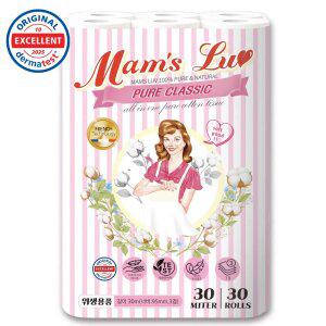 맘스럽 퓨어클래식 천연펄프 롤화장지 도톰한 3겹 휴지 30M 30롤 1팩 / 1등급 천연펄프