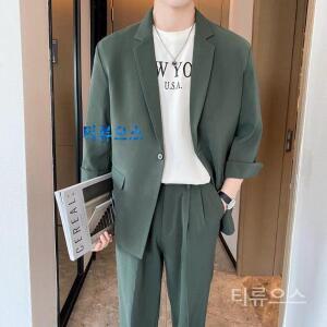 티류으스 얇은 세트 슈트 캐주얼 깔끔 여름 정장 봄 가볍고 원단 단정 남성 양복 심플