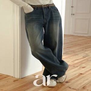 (밍크기모데님) 밍크 안감 워싱 세미 와이드 데님 팬츠 기모청바지 데일리룩 데이트룩