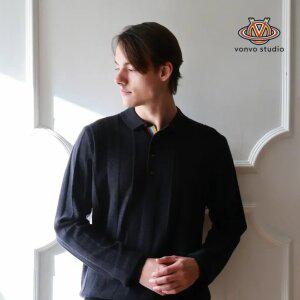 [본보스튜디오]남성 넥라인 배색 입체패턴 카라니트